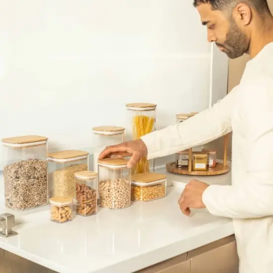 OU Airtight Food Storage Container Set 8pc (set of 4) Clear Plastic Storage Container w Leak Proof Bamboo Lid, Stackable Kitchen Pantry Organizer Jars image {2}