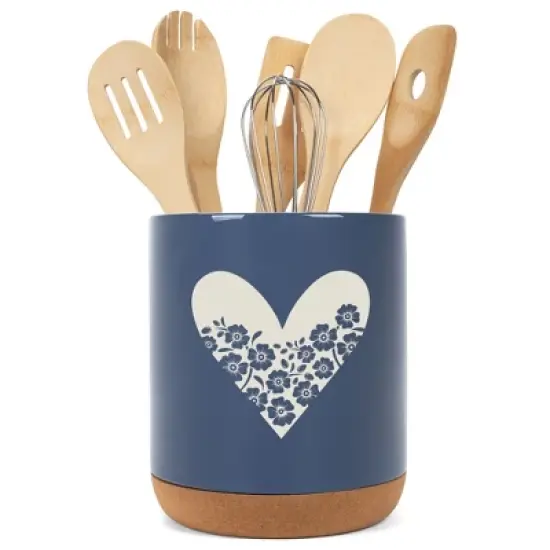 Elanze Designs Floral Heart Flowers Arrangement Ceramic Cork Bottom Navy Blue Large Capacity Utensil Holder Crock for Countertop Storage, Stylish & image {4}