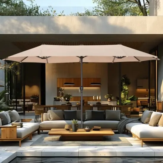 Captiva Desighttps 8pc Patio Dining Slat-top Rectangular Steel Table & Padded Sling Swivel Chairs & Market Umbrella image {10}