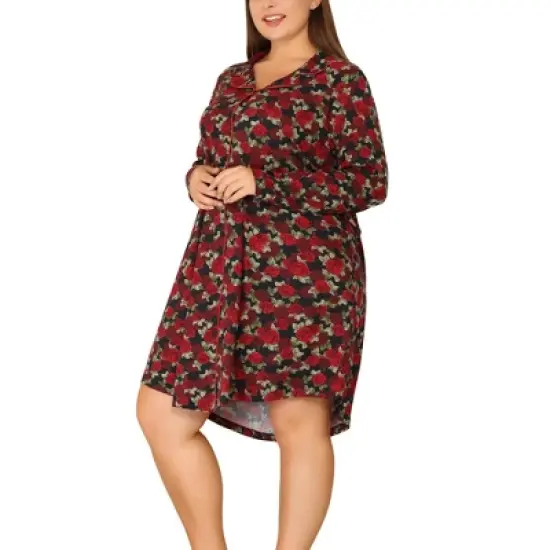 Agnes Orinda Women's Plus Size Floral Notched Lapel Button Up Nightgown image {5}