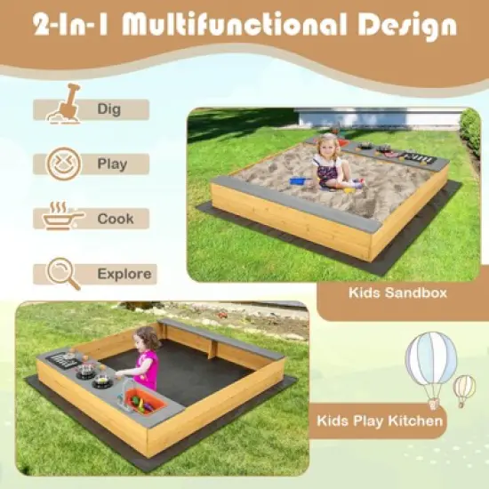 Costway Kids Sandbox Outdoor Wooden Sandpit w/ Bottom Liner Creative Cooking Area image {4}