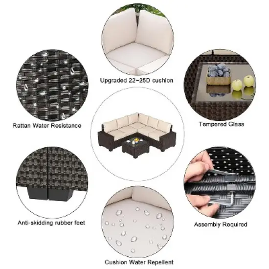 6 Pieces Outdoor Patio Furniture Set, Wicker Furniture Set, Patio Sectional Furniture Set with 5 Seat Cushions and 1 Glass Coffee Table image {4}