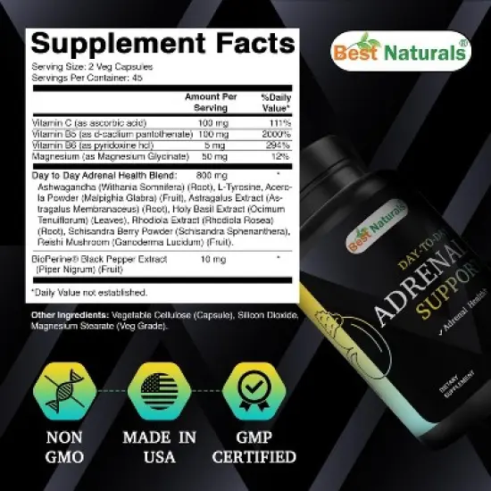 Best Naturals Day-to-Day Adrenal Support Supplements - 90 Veg Capsules - Made with Ashwagandha, L-Tyrosine, Magnesium, Rhodiola and More. image {1}