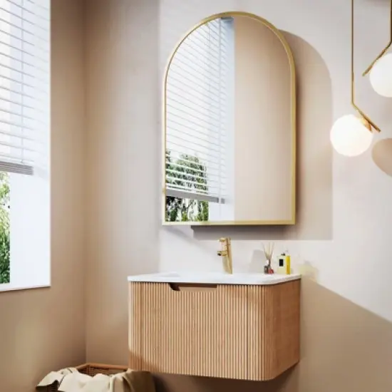 PexFix 24" Wall-Mounted Floating Bathroom Vanity with Cabinet Mirror Modern Curved Edge Storage Bathroom Cabinet in Walnut with Ceramic Basin image {1}