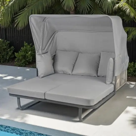 57" Outdoor Patio Rattan Daybed Sunbed with Retractable Canopy and Pillows image {17}