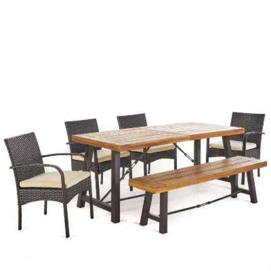 Christopher Knight Home Betsys Outdoor Acacia Wood and Wicker 6 Piece Dining Set with Bench, Teak/Multibrown image {1}