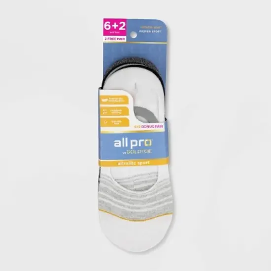 All Pro Women's 6+2 Bonus Pack Striped Sports Liner Athletic Socks - White/Black/Gray 4-10 image {1}
