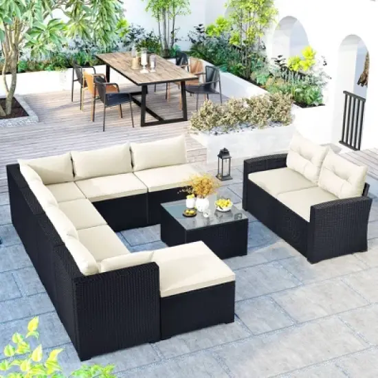 9pc Wicker Patio Sectional Seating Set with Cushions - Black/Beige - GODEER image {1}