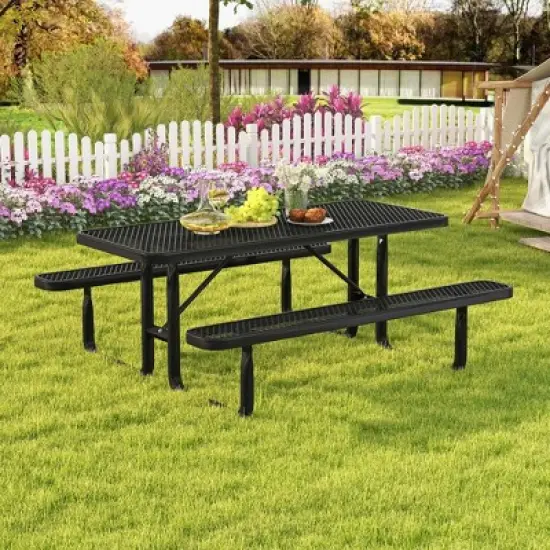 Costway 72" Coated Steel Camping Table with Seats Outdoor Picnic Table & Bench Set for 8 Black image {2}