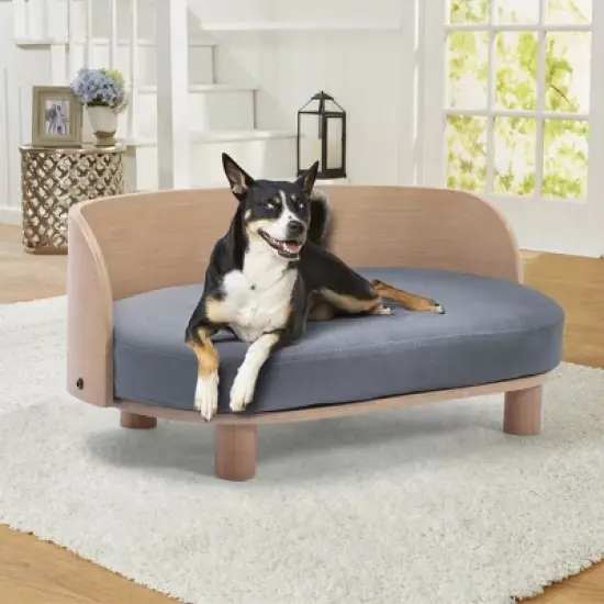 Corgi 26" Wide Small Dog Bed with Removable Cover,Velvet Cushion With Solid Wood legs and Bent Wood Back-The Pop Maison image {2}