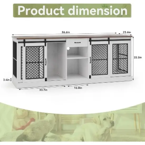 ALAULM Large Pet Crate Furniture,  Versatile Modern Design Dog Kennel, Indoor-Style Dog Cage for 2 Pets, Wooden TV Stand with Divider & Drawer Storage image {3}
