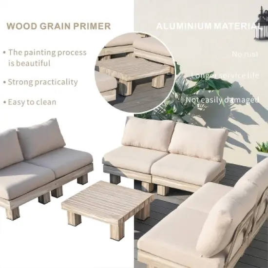 Moda Furnishings 6-Person Outdoor Patio Aluminum Wood Grain Sectional Seating Group With Beige Cushions image {6}