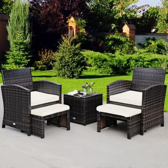 Costway 5PCS Patio Rattan Wicker Furniture Set Sofa Ottoman W/ Cushions image {12}