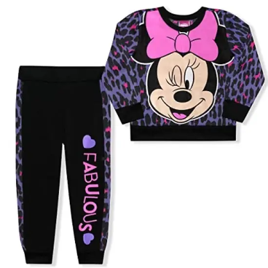 Disney Girl's 2-Pack Fabulous Minnie Mouse Graphic Pullover Sweatshirt and Jogger Pants Set, Leopard Print for kids image {5}