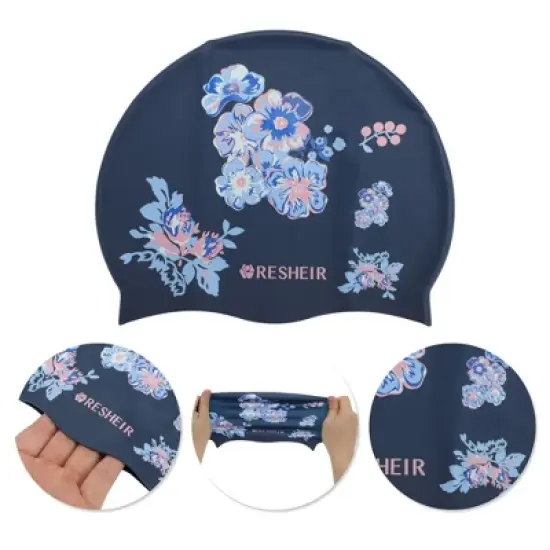 Unique Bargains Silicone Waterproof Flower Print Swim Cap Blue 1 Pc image {2}