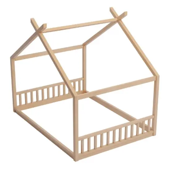 Okak Montessori House Floor Bed Twin/Full Size,Solid Wood Bed Frame with Safety Rails & Headboard, Low-Profile Kids Bed,Slat Not Required image {3}