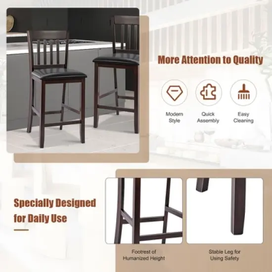 Costway Set of 4 Bar Stools Counter Height Chairs w/ PU Leather Seat Espresso image {4}