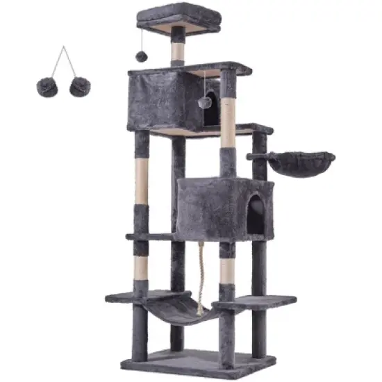 JIONJOY 66" Multi-Level Cat Tree - 2 Large Condos, Sisal Scratching Posts & Hammock, Stable Indoor Cat Tower-Dark Grey image {8}