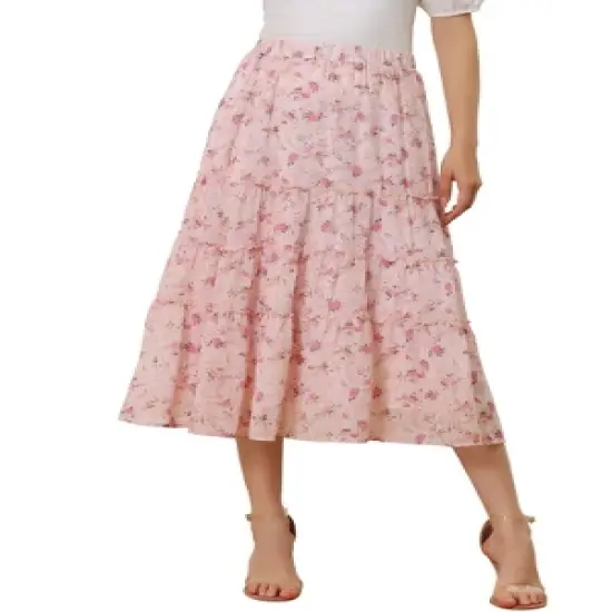Allegra K Women's Floral Elastic Waist Tiered Ruffle Boho Midi Skirts image {11}