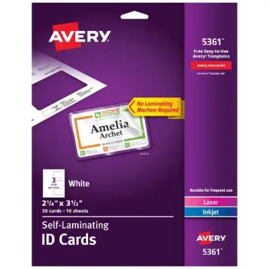 Avery Customizable Self-Laminating ID Cards, 2.25" x 3.5", White Printable Inserts, 30 Laminated ID Cards (5361) image {8}