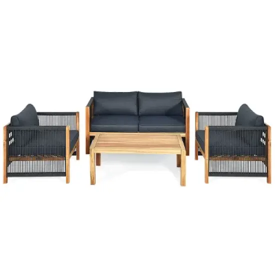 Tangkula 8PCS Acacia Wood Outdoor Patio Furniture Set Cushioned Sofa W/Nylon Rope Armrest image {1}