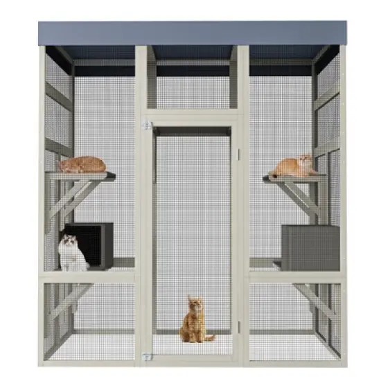 Gulches Large Wooden Outdoor Catio for Cats with Waterproof Roof and Two Houses image {12}