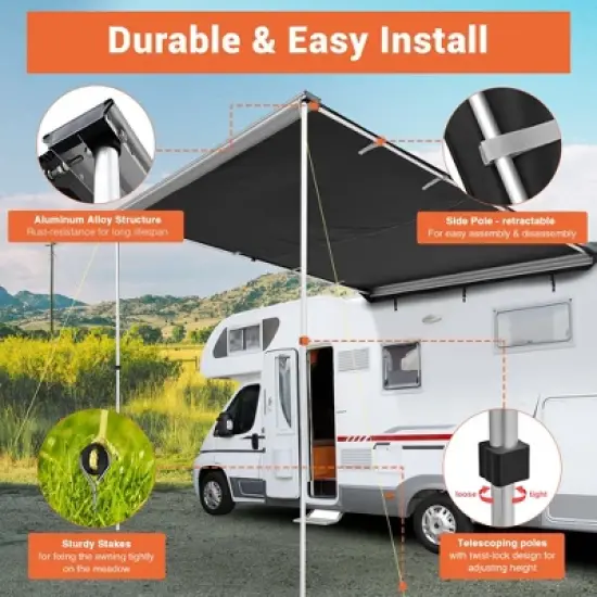 Yescom 6.6x8.4 Ft Vehicle Awning with Blackout Coating Side Wall Roof Rack Pull-Out Sun Shade Camp Gray&Black image {5}