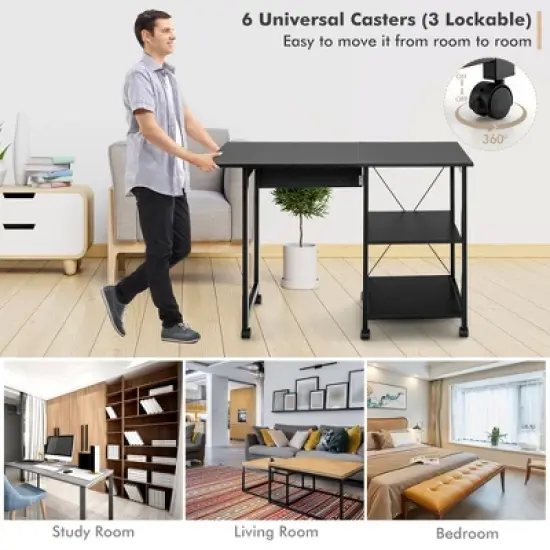 Costway Rolling Computer Desk Folding Writing Office Desk Storage Shelves Black image {9}