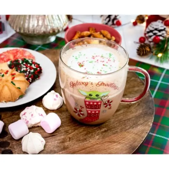 Silver Buffalo Star Wars: The Mandalorian Grogu Holiday Glitter Handle Glass Mug  | 14 Ounces image {6}