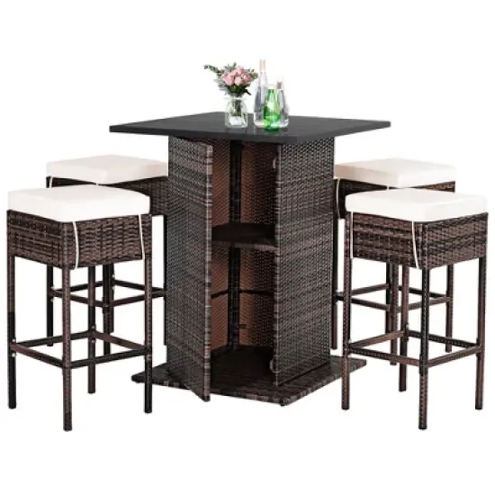 Costway Patio 5PCS Rattan Bar Table Stool Set Hidden Storage Shelf Cushioned image {2}