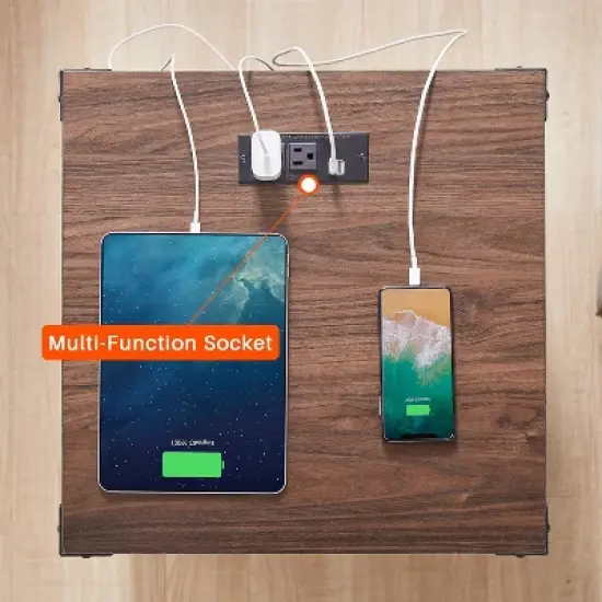 Nightstand with Charging Station, 18" Farmhouse Night Stand with Adjustable Shelf, Wooden Rustic End Table Side Table image {1}