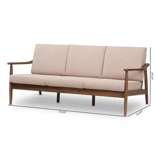 Venza Mid-Modern Walnut Wood Fabric Upholstered 3 Seater Sofa Light Brown - Baxton Studio image {8}