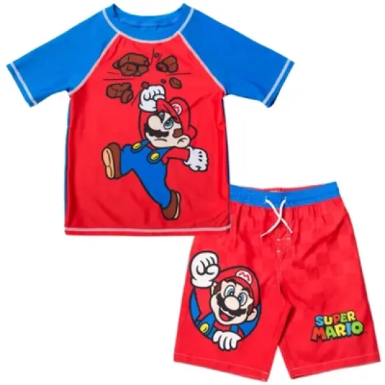SUPER MARIO Nintendo Luigi Mario Rash Guard and Swim Trunks Outfit Set Little Kid to Big Kid image {8}