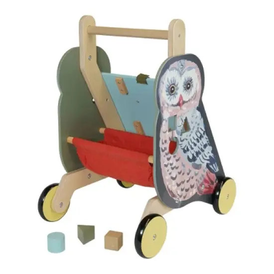 Manhattan Toy Wildwoods Owl Wooden Push Cart with Shape Sorter and Basket, Serrated Oval, Spinners, Bead Run and More image {3}