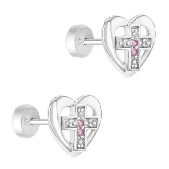 Girls' Love of God Heart Cross Push Back Sterling Silver Earrings - In Season Jewelry image {1}