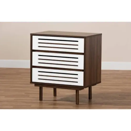 3 Drawer Meike Two-Tone Wood Nightstand Walnut/White - Baxton Studio image {7}