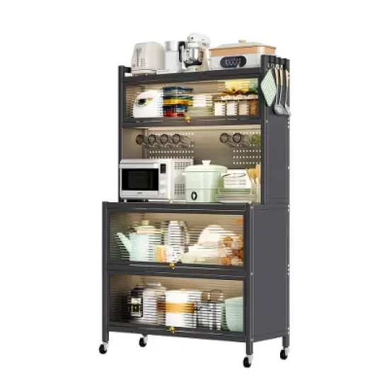 LIVAREEmlen 64" Kitchen Storage Baker's Racks with Wheels,Transparent Flap Door& DIY Hole Board,for Kitchen, Living Room and Dining Room,Gray image {9}