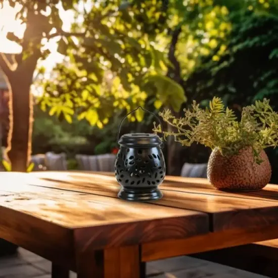 LumaBase Solar-Powered Black Ceramic Lantern with LED Light image {1}