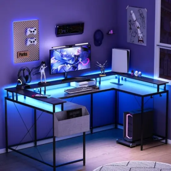 COZONY 78" U/L Shaped Gaming Desk, Reversible Computer Desk with Power Outlets, LED Lights, Monitor Stand & Storage Shelf, Corner Desk for Home Office image {5}