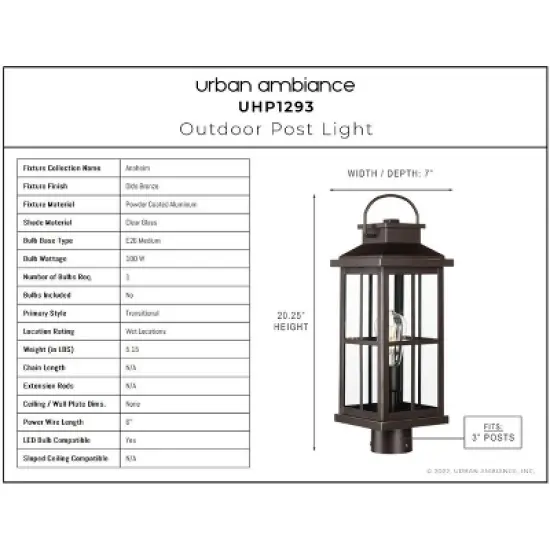 Urban Ambiance Luxury Transitional Outdoor Post Light 20.25''H x 7''W,  Olde Bronze Finish,  Anaheim Collection, UHP1293 image {2}