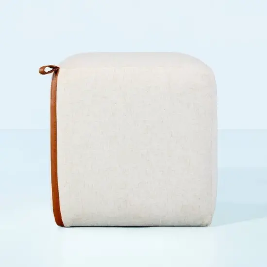 Square Fabric Ottoman with Faux Leather Trim - Heathered Cream - Hearth & Hand&trade; with Magnolia image {2}