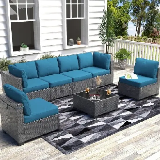 7-Piece Patio Furniture Set, Outdoor Sectional Sofa w/ Dining Table & Thick Cushions, All-Weather PE Wicker for Garden, Deck, Lawn image {11}