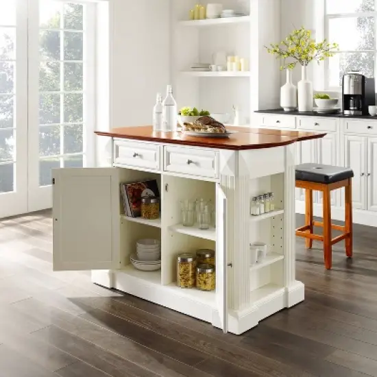 Coventry Drop Leaf Top Kitchen Island with Upholstered Square Stools White - Crosley image {2}