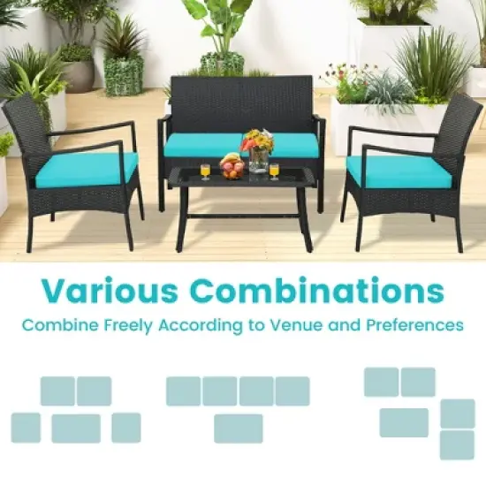 Tangkula 4PCS Patio Rattan PE Wicker Furniture Conversation Set w/ Sofa Chair & Table image {6}