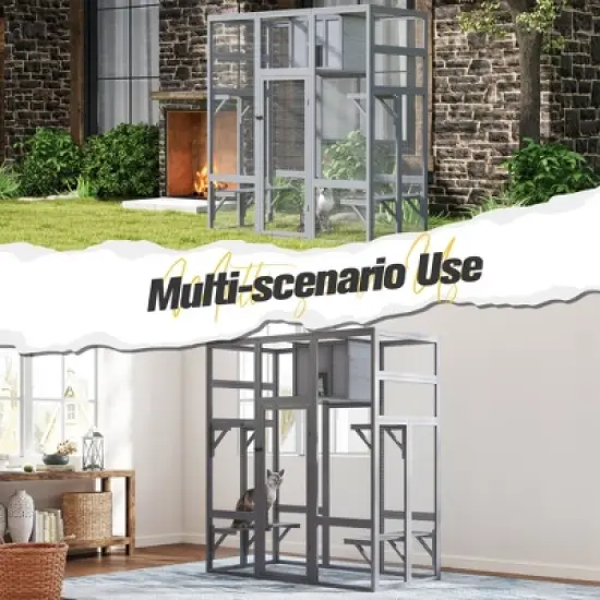 Sandinrayli Extra Large Cat Catio - 4-Way Pet Door, Outdoor Wood Insulation Condo, Patio Window Attach w/Weatherproof PVC Cover (Gray) image {7}