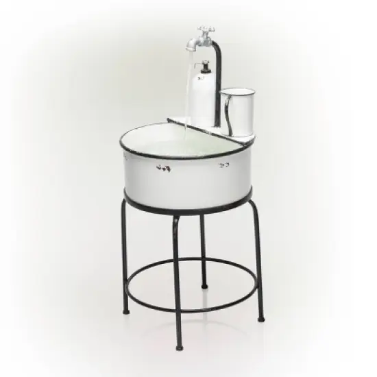 34" Metal Antique Cylindrical Fountain Sink with Stand White - Alpine Corporation image {3}