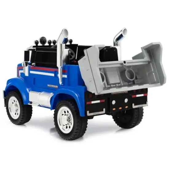 Costway 12V Licensed Freightliner Kids Ride On Truck Car RC w/ Dump Box & Lights Red\Blue image {3}