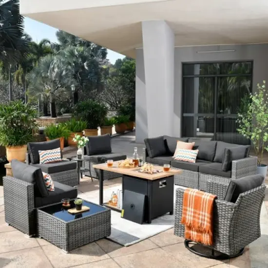 Venice 10pc Wicker Outdoor Patio Furniture Set Conversation Sofa with a Storage Fire Pit, Swivel Chair and Cushions image {16}