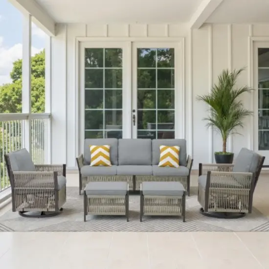 Buenhomino 5-Piece Patio Set &ndash; Sofa, 2 Swivel Chairs & 2 Ottomans, UV-Resistant Resin Wicker with Powder-Coated Steel Frame image {14}