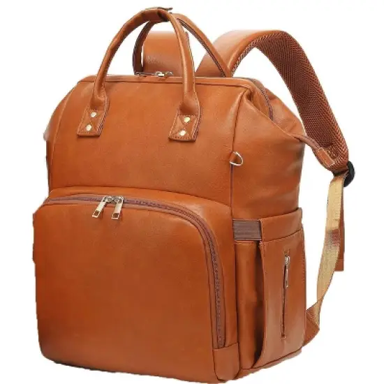 Itopfox Vegan Leather Diaper Backpack with Waterproof Changing Pad, Reinforced Stitching & Zippers, Ergonomic Design for Traveling Moms, Brown image {9}